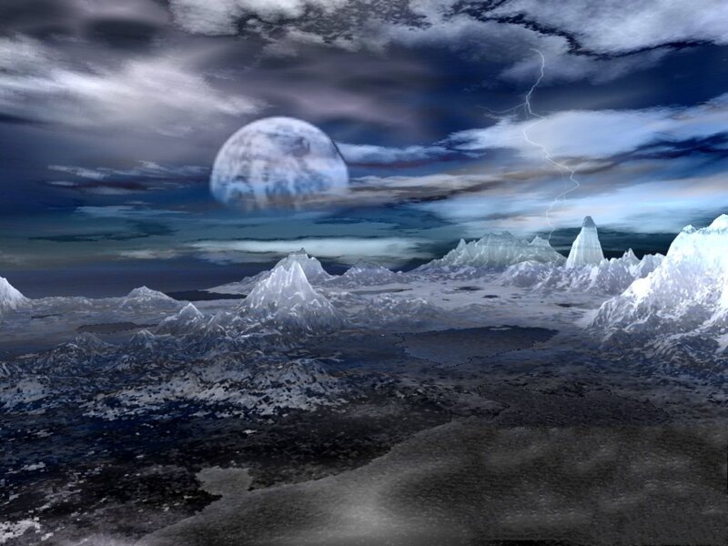 alien landscape with moon and lightning