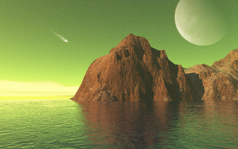 alien landscape with moon and meteor