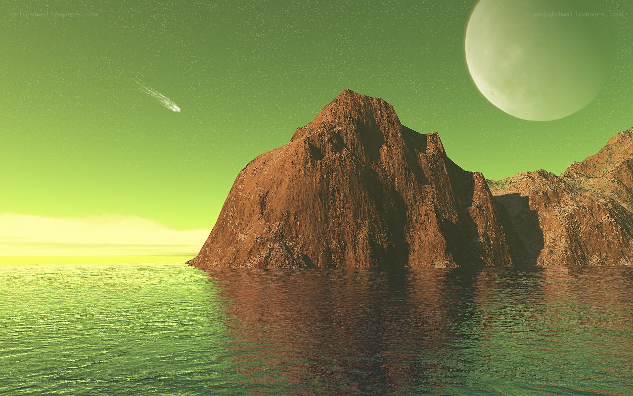 alien landscape with moon and meteor