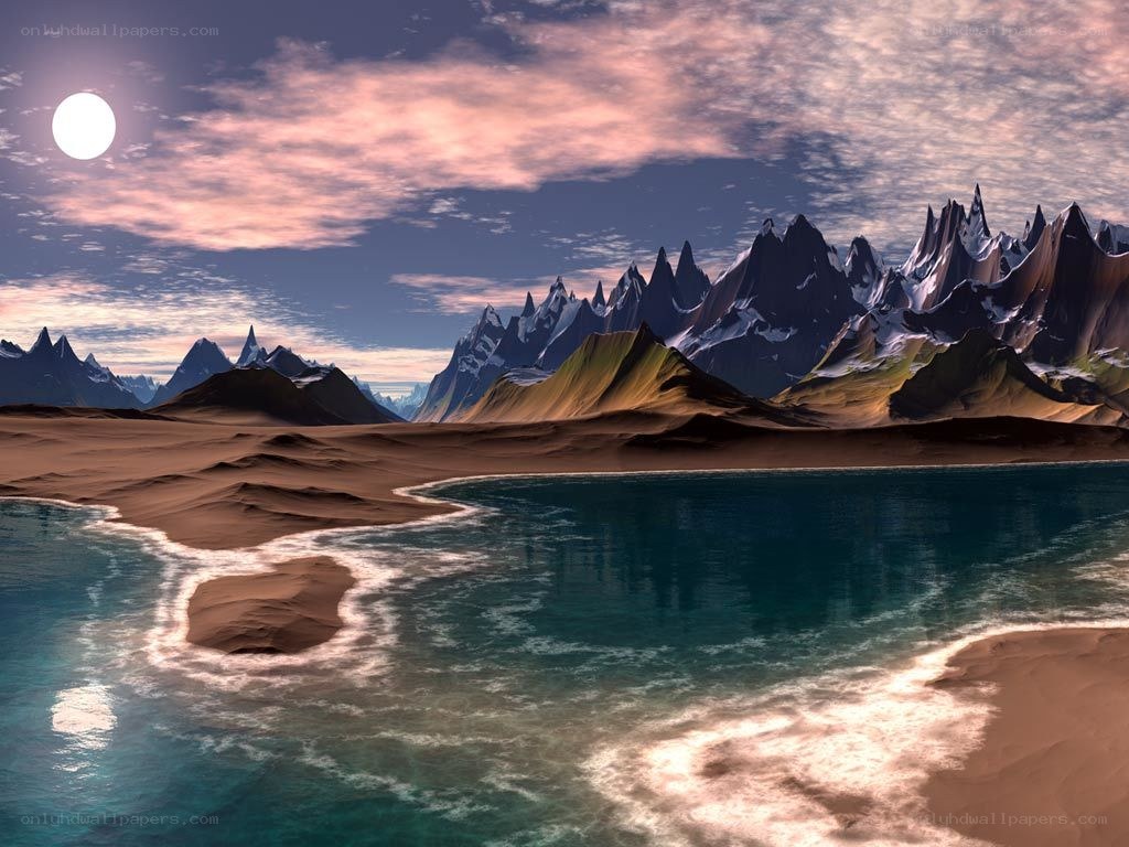 Alien landscape with moon and mountains