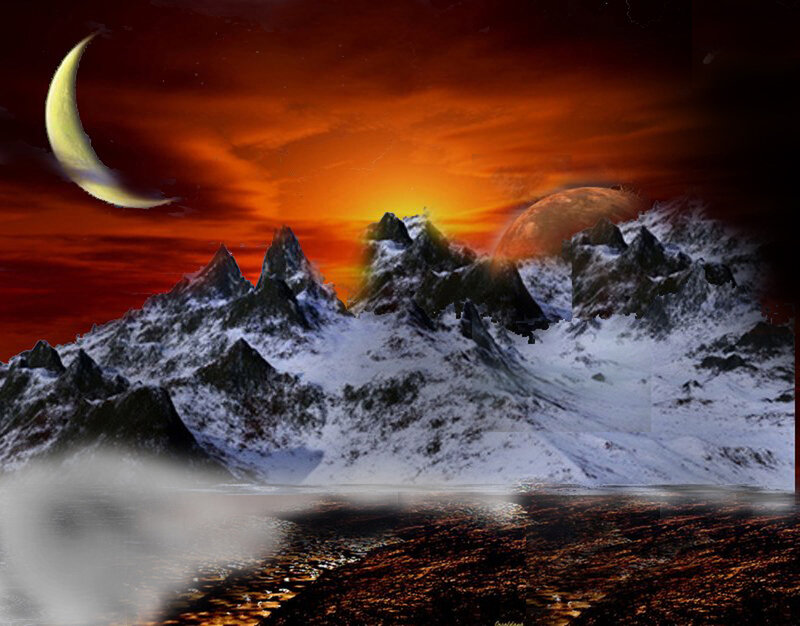 alien landscape with moon and planet
