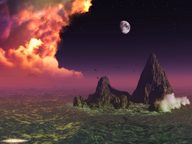 alien landscape with moon and storm