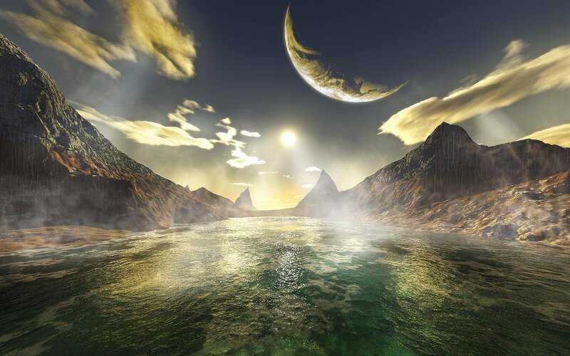 alien landscape with moon and sun
