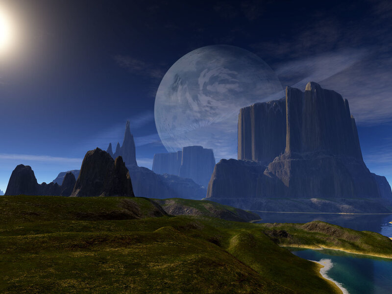 Alien Landscape with Moon — Blue, Dramatic, Night, 3d Render