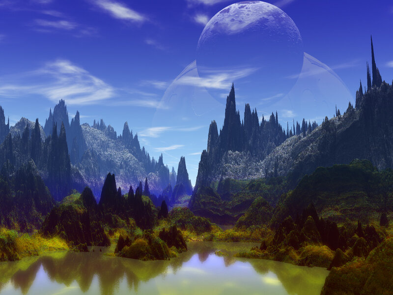 Alien Landscape with Moon — Blue, Dramatic, Night, Digital Art, Mountains