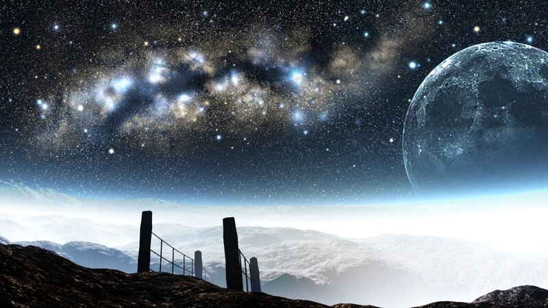 Alien Landscape with Moon — Blue, Dramatic, Night, Digital Art, Stars
