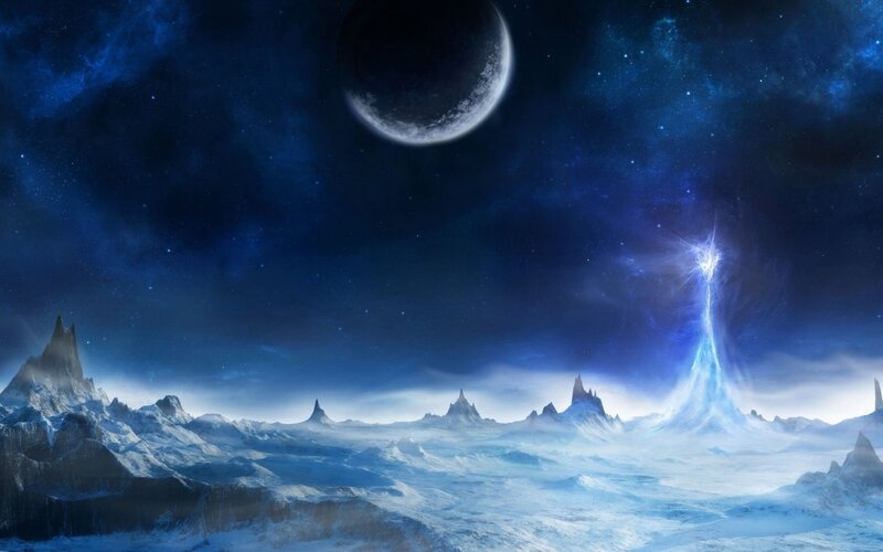 Alien Landscape with Moon — Blue, Dramatic, Night, Digital Art
