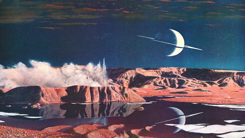 Alien Landscape with Moon — Blue, Dramatic, Night, Illustration