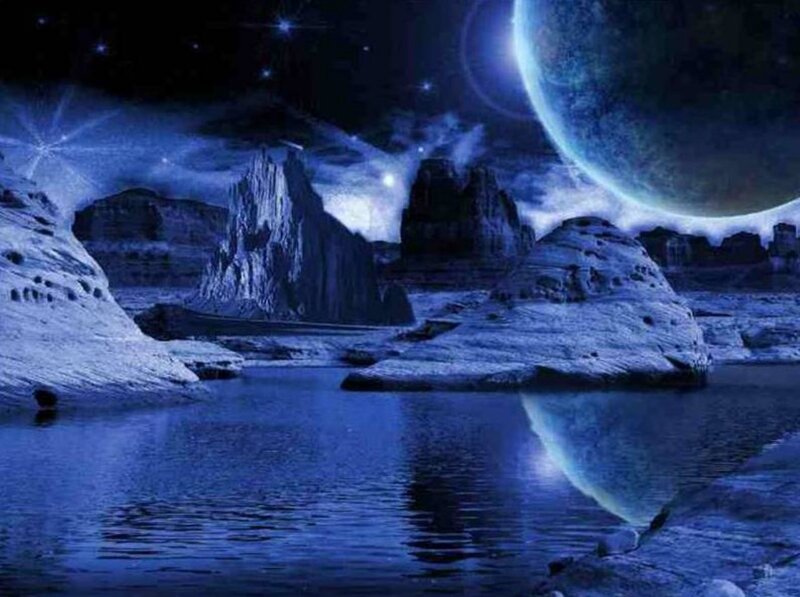 Alien Landscape with Moon — Blue, Dramatic, Night