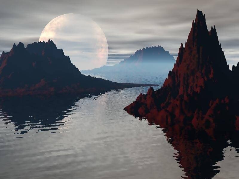 Alien Landscape with Moon — Gray, Dramatic, Night