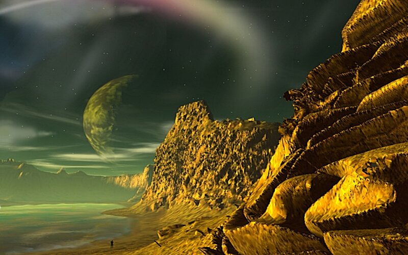Alien Landscape with Moon — Green, Dramatic, Night