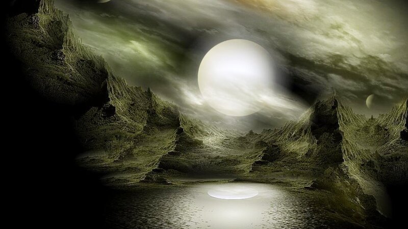 Alien Landscape with Moon — Green, Dramatic