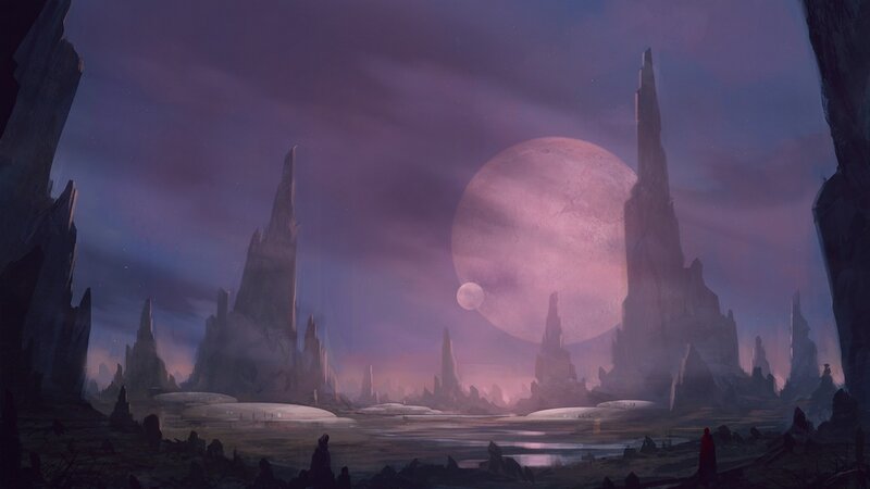 Alien Landscape with Moon — Purple, Dramatic, Night, Digital Art, Rock Formations