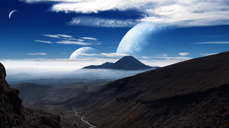 Alien Landscape with Moons — Blue, Dramatic, Digital Art