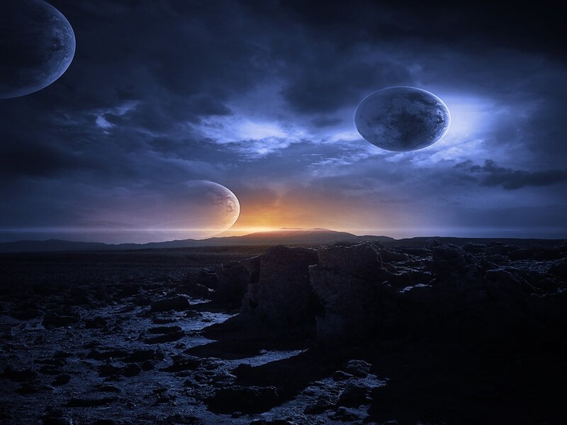 Alien Landscape with Moons — Blue, Dramatic