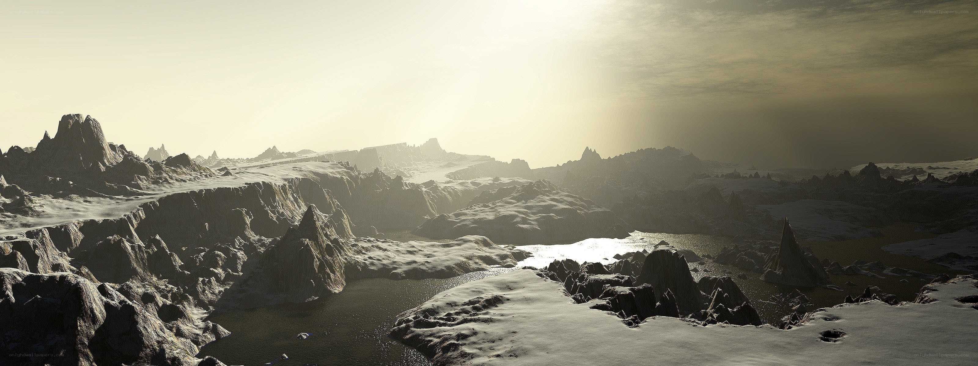 alien landscape with mountains and water