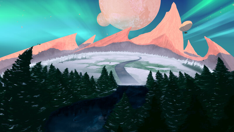 Alien Landscape with Mountains — Green, Serene