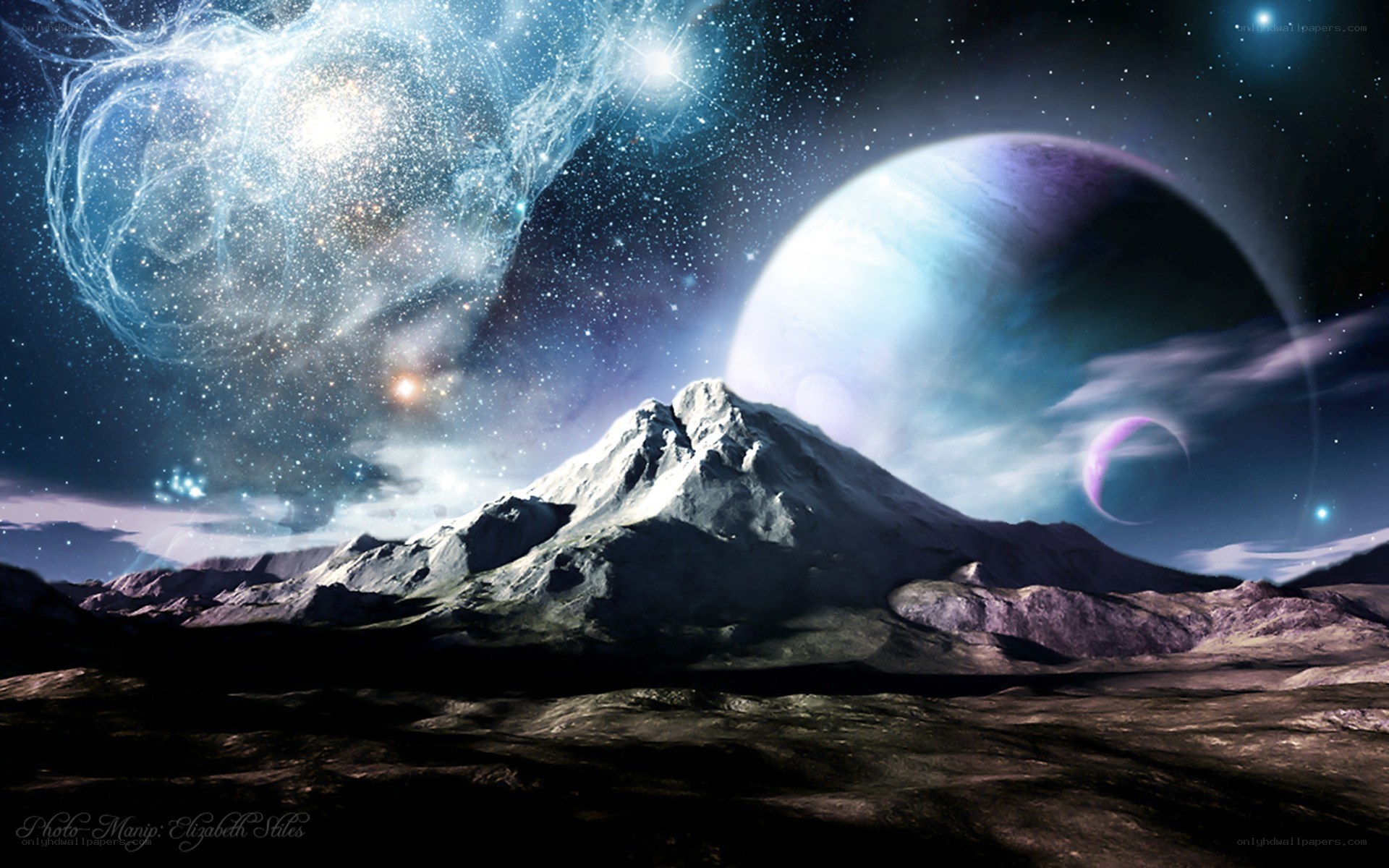 Alien landscape with nebula