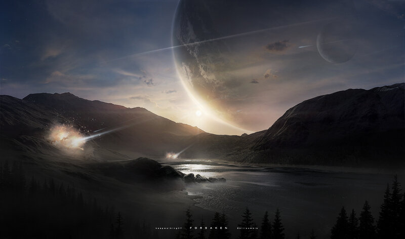 Alien landscape with planet