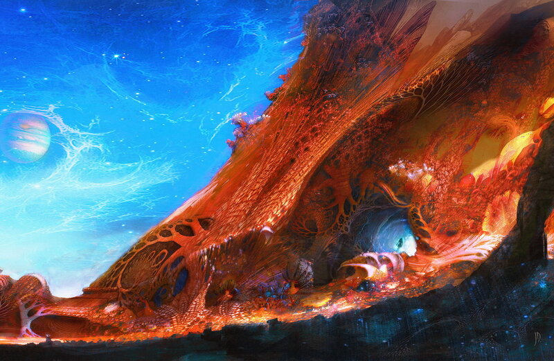 Alien Landscape with Planet — Blue, Dramatic, Night, Digital Art, Stars