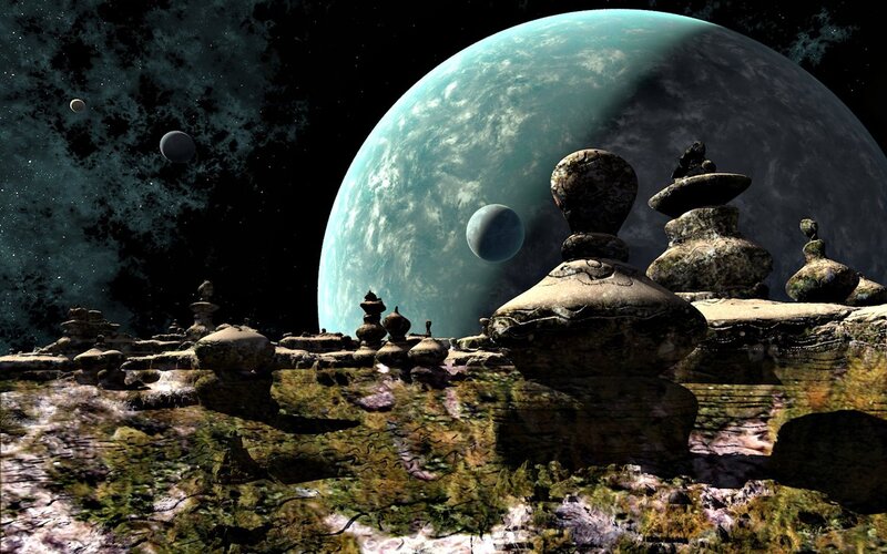 Alien Landscape with Planet — Blue, Dramatic, Night