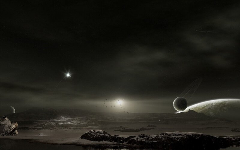 Alien Landscape with Planets — Black, Dramatic