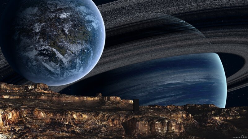 Alien Landscape with Planets — Blue, Dramatic, Night