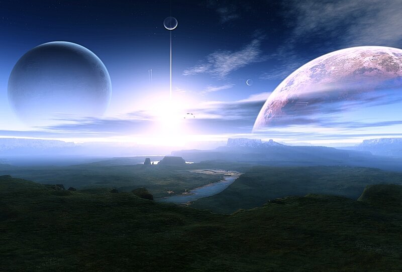 Alien Landscape with Planets — Blue, Serene