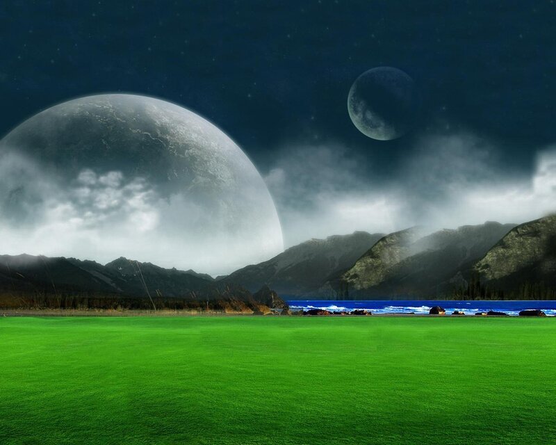Alien Landscape with Planets — Green, Dramatic, Night, Digital Art, Mountains, Lake