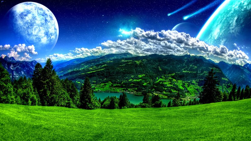Alien Landscape with Planets — Green, Dramatic, Night, Digital Art, Mountains