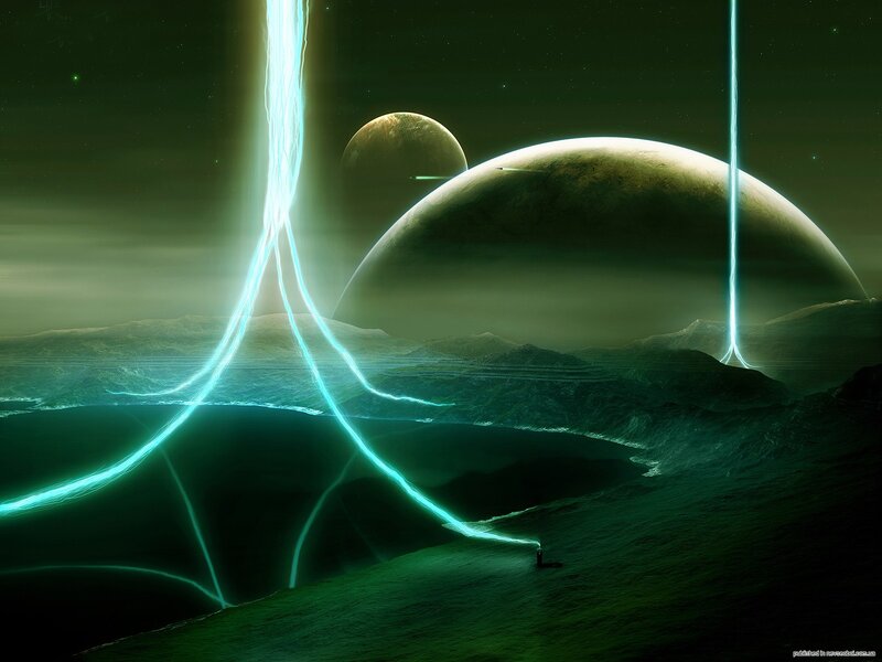 Alien Landscape with Planets — Green, Dramatic, Night, Digital Art