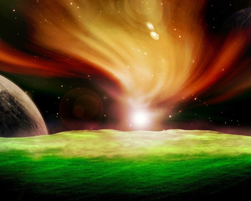 Alien Landscape with Planets — Green