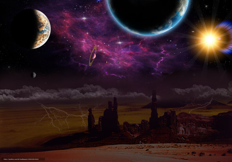 Alien Landscape with Planets — Purple, Dramatic, Night, Digital Art