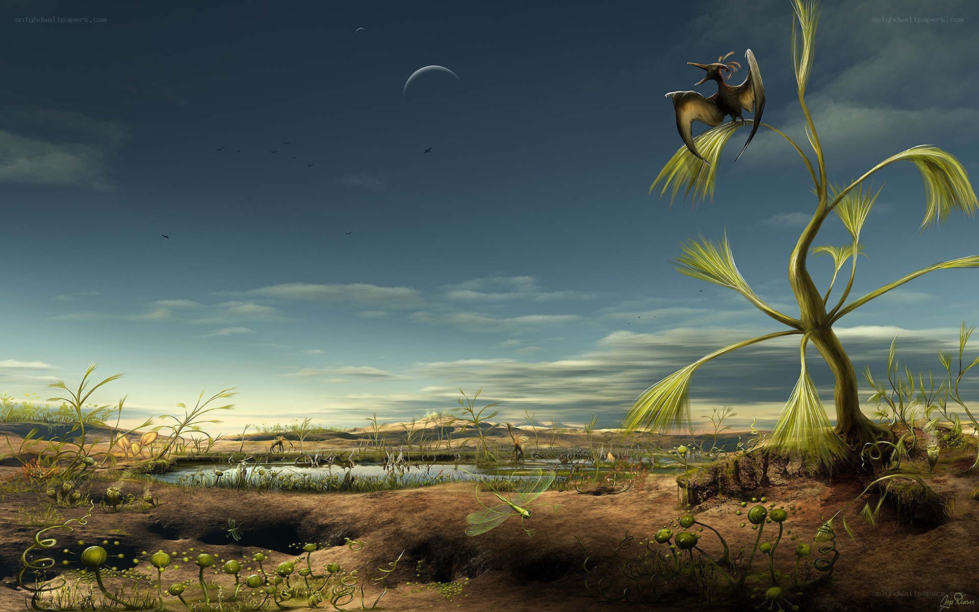 Alien landscape with pterosaur