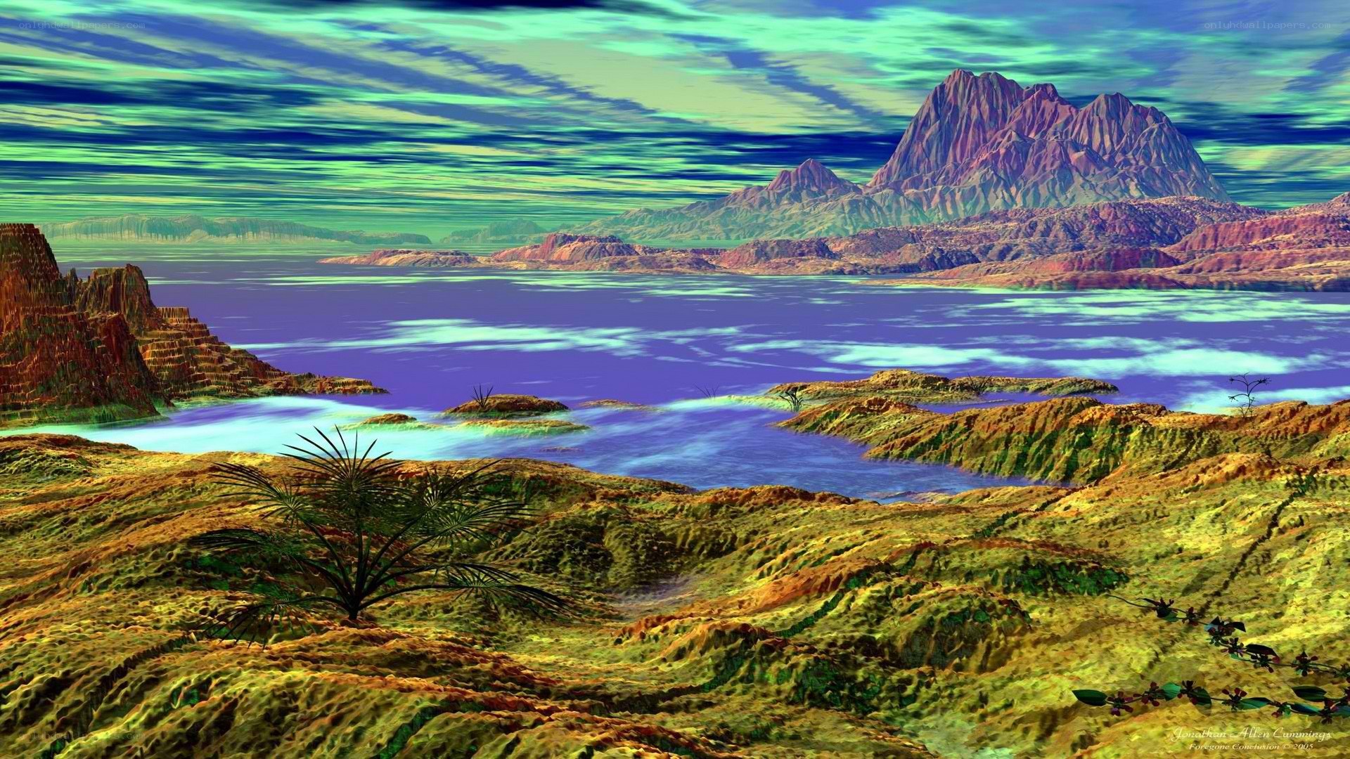 alien landscape with purple lake