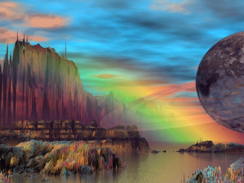 alien landscape with rainbow sky