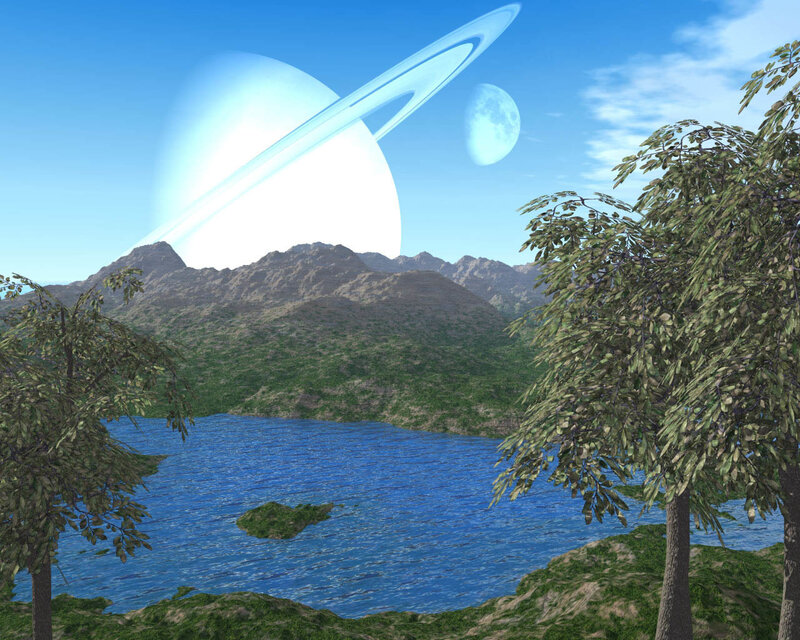 Alien landscape with ringed planet