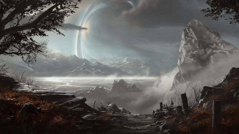 Alien Landscape with Ringed Planet — Gray, Dramatic