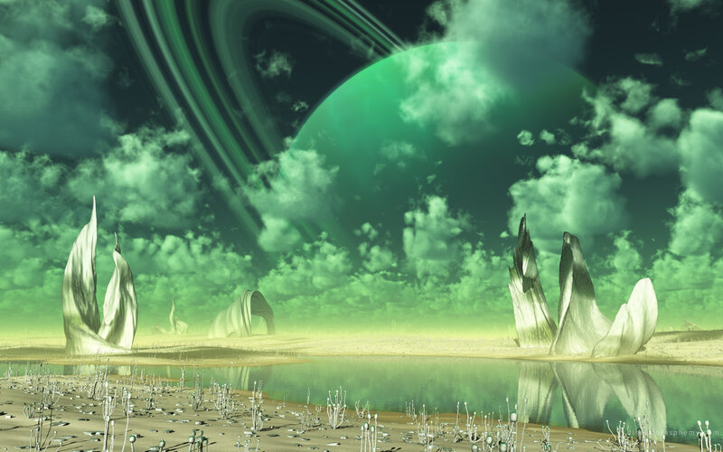 Alien Landscape with Rings — Green, Dramatic