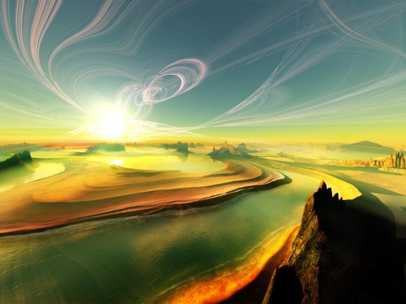 Alien Landscape with River — Green, Dramatic, Sunset, Digital Art