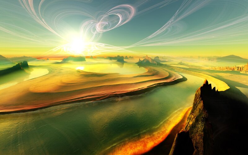 Alien Landscape with River — Green, Dramatic, Sunset
