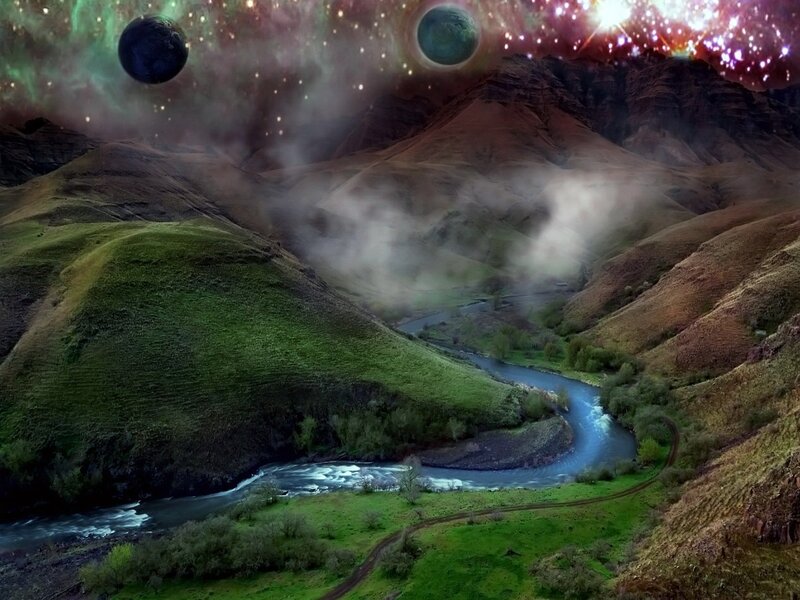 Alien landscape with rivers and planets