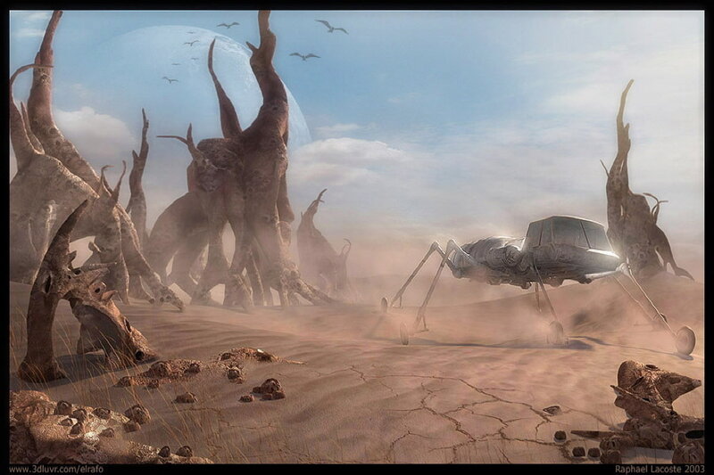 Alien landscape with robotic vehicle