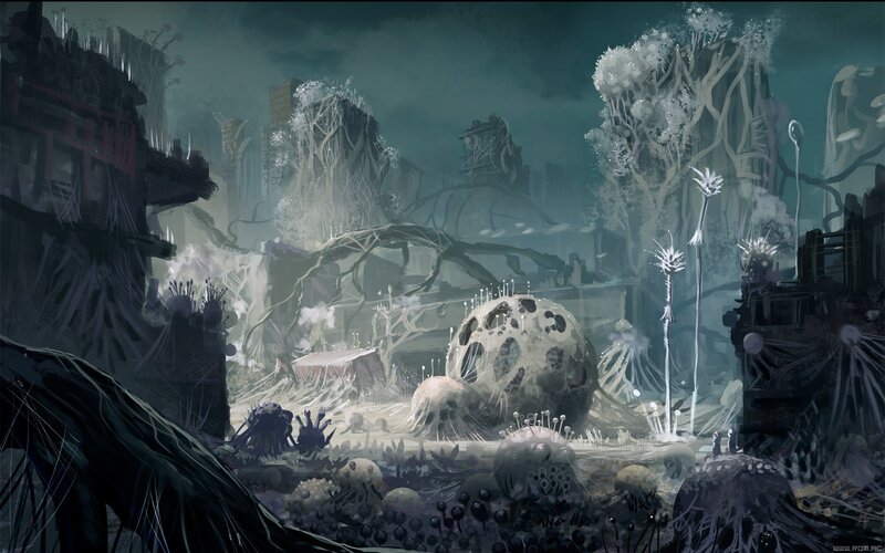 Alien Landscape with Ruins — Gray, Dystopian