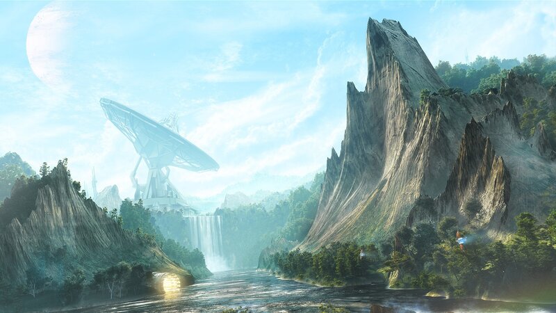 Alien Landscape with Satellite — Blue, Serene