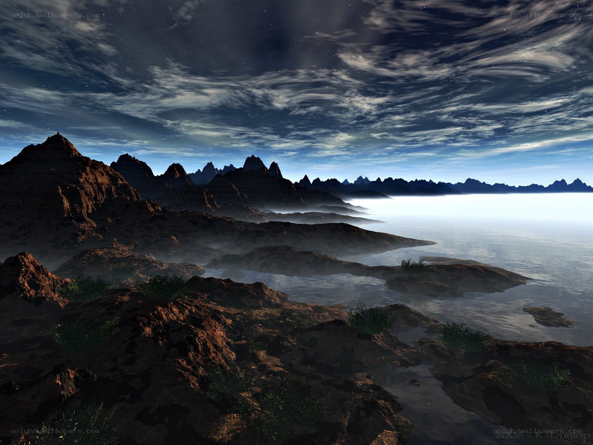 alien landscape with sea and mountains