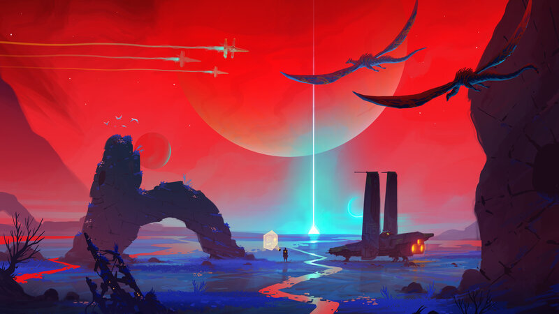 Alien Landscape with Ship — Red