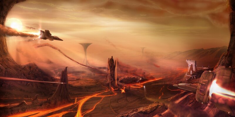 Alien Landscape with Spacecraft — Orange, Dramatic