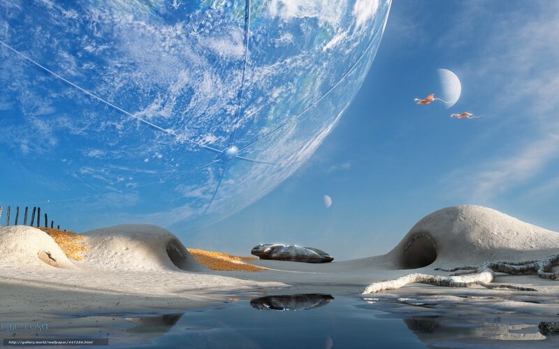 Alien Landscape with Spaceship — Blue, Serene