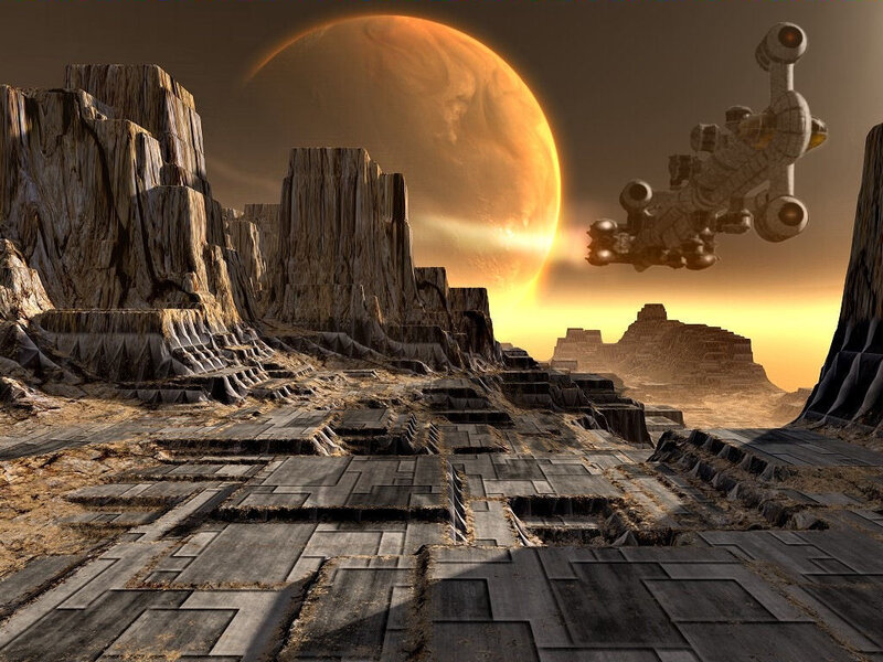 Alien Landscape with Spaceship — Brown